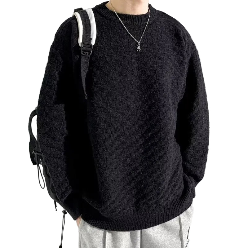 Men’s Casual Plaid Jacquard Sweater - Black